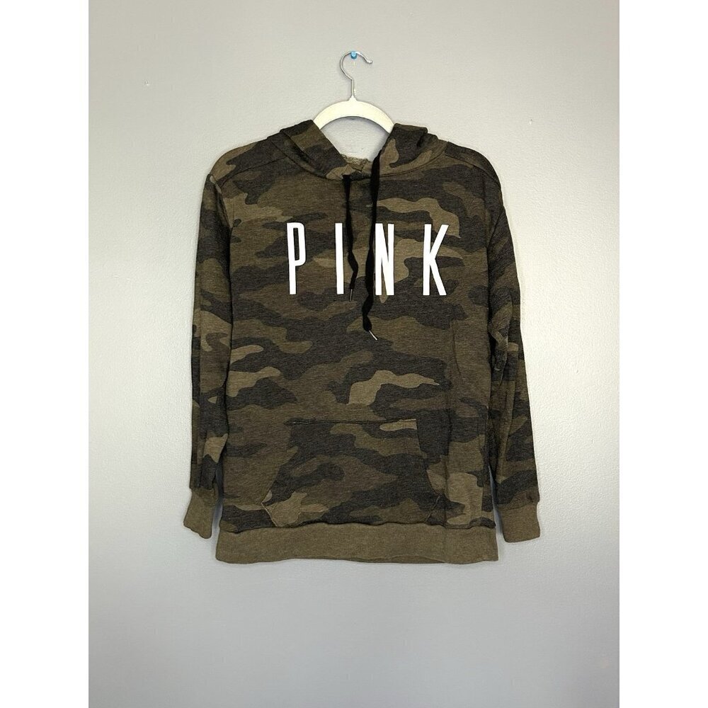 VICTORIAS SECRET PINK Hoodie Army Green Camo Lightweight Pullover Size XS Pocket